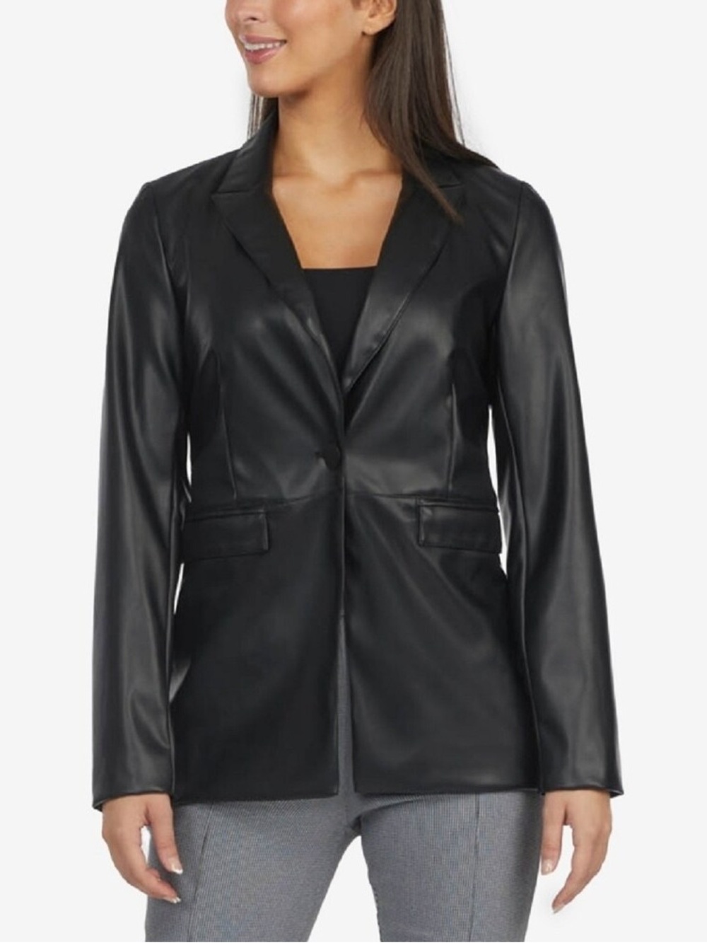 Laundry By Shelli Segal Black Faux Leather Single-Button Blazer